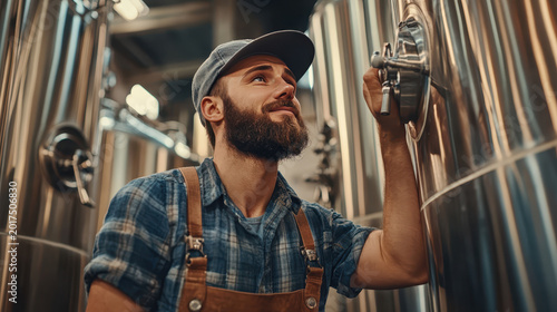 Smiling young brewer checking fermentation tanks in a modern craft brewery.