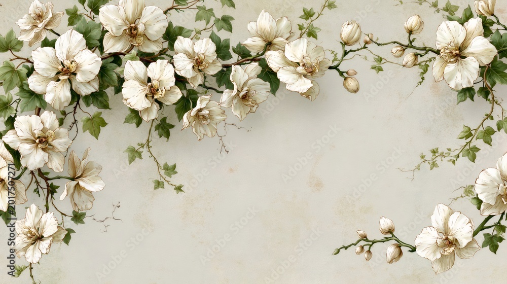 Obraz premium Vintage white floral vine border on textured background