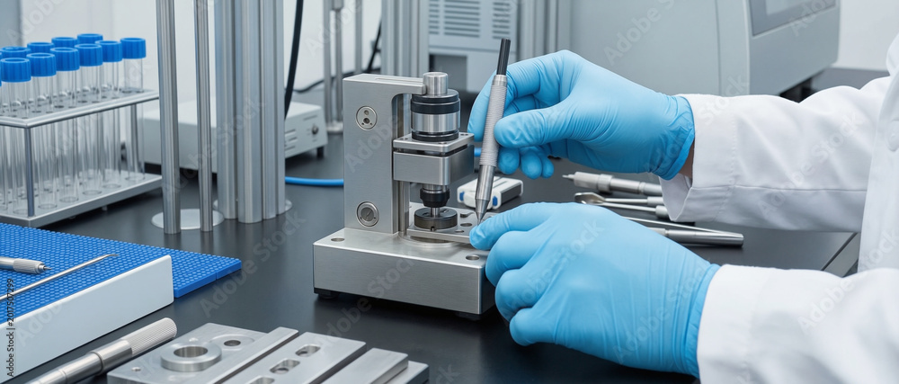Naklejka premium A scientist wearing blue gloves operates precision equipment in a modern laboratory with test tubes and scientific instruments.