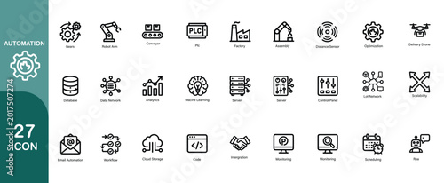 27 Automation icons set for industrial and business processes. some icons ai robot heat, ai core, thinking brain. vector illustration.