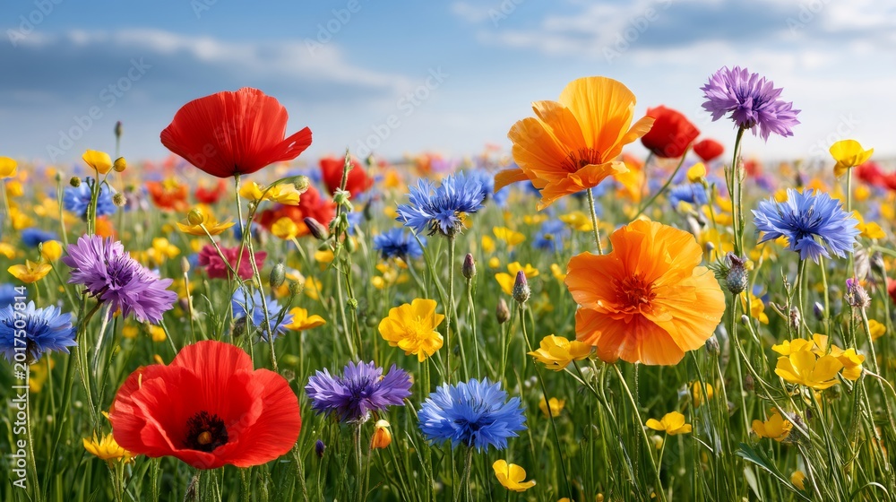 Fototapeta premium Wildflower meadow blooming with colorful poppies and cornflowers
