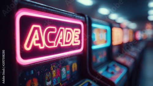Retro arcade game room with neon lights
