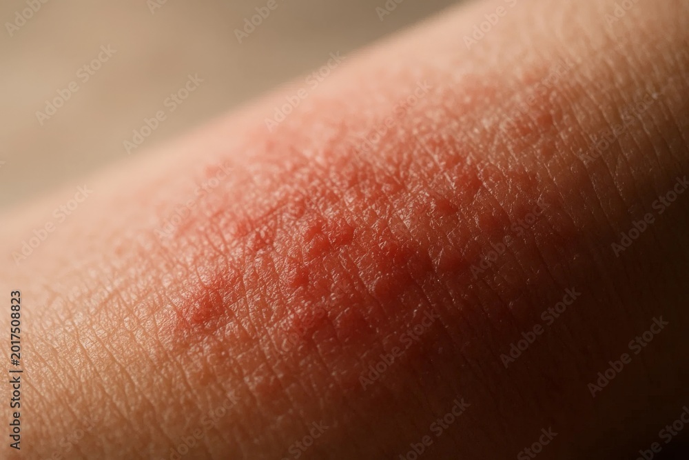 Fototapeta premium Macro of red irritated skin rash on human arm, closeup dermatology texture and allergy reaction.