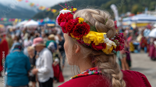 Woman in traditional attire celebrates Hora de la Prislop festival with flowers in her hair at a lively outdoor event.