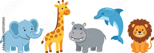 Photography Cute Cartoon Safari and Ocean Animals Set with Elephant, Giraffe, Hippo, Dolphin