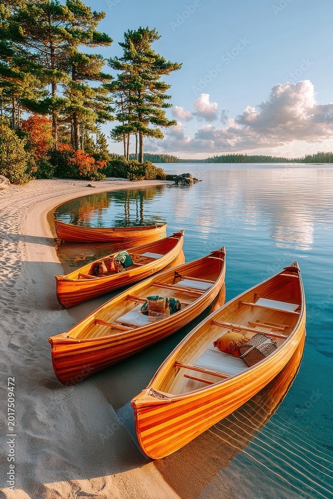 Fototapeta premium Three wooden canoes on a sandy lakeshore at sunset with pine trees and calm water