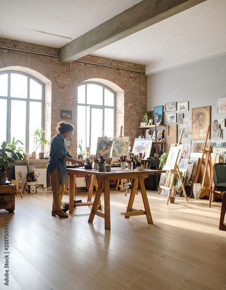 Fototapeta premium A woman in a bright art studio, surrounded by easels and artwork. Sunlight streams into the large room with high ceilings and exposed brick walls. A wooden table holds art supplies