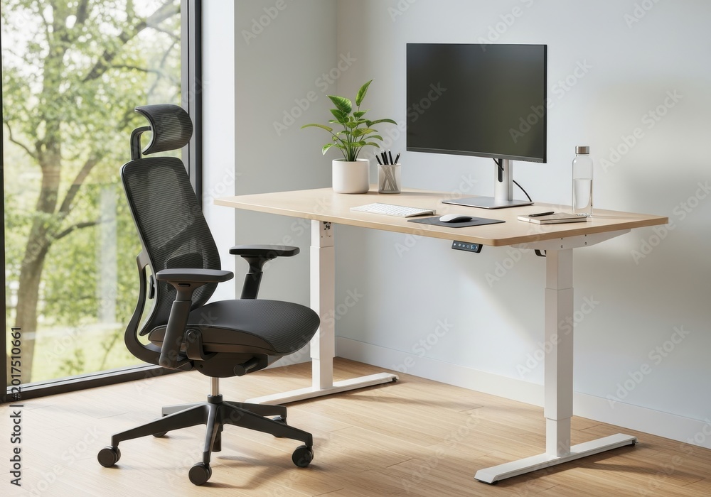 Fototapeta premium Modern Home Office Setup with Ergonomic Mesh Chair and Height Adjustab