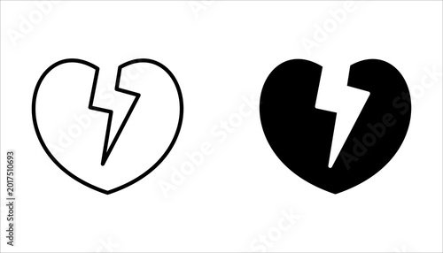 Set of broken heart icons in various styles on white background.