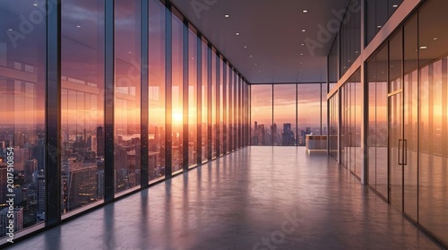 A long, modern office hallway stretches into the distance, featuring expansive floor-to-ceiling windows. The windows offer a breathtaking panoramic view of a vibrant cityscape at sunset.