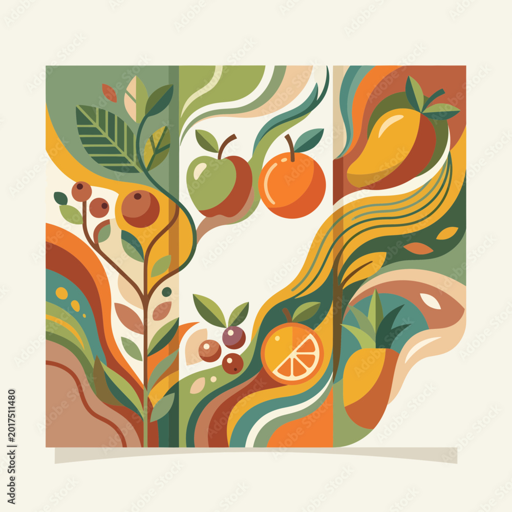 Obraz premium Creative Illustration, Fruits and Leaves, Abstract Design, Graphic Art, Colorful Environment, Vibrant Viewpoint, Nature Concept