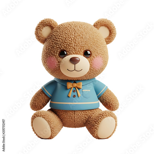 Brown teddy bear with blue shirt and bow isolated on transparent background