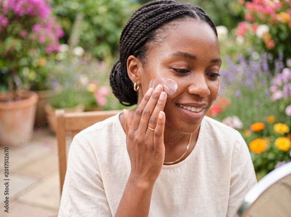 Fototapeta premium Young adult woman applying moisturizer to face in a garden setting for skincare routine and beauty banner design or wellness background