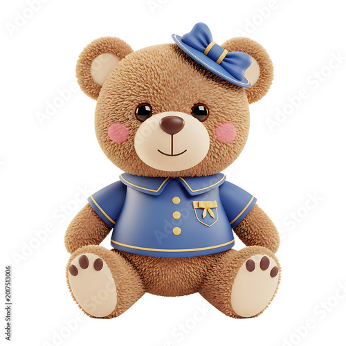 Brown teddy bear in blue sailor outfit and hat isolated on transparent background