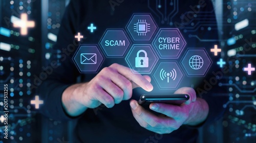 A person using a smartphone to manage cybersecurity and protect against online scams and digital crime.