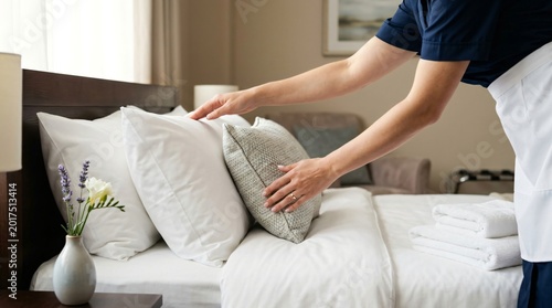 Hotel maid making bed in room. Housekeeper arranging pillows on mattress for guest arrival. Professional room service and hospitality industry concept in modern bedroom setting.