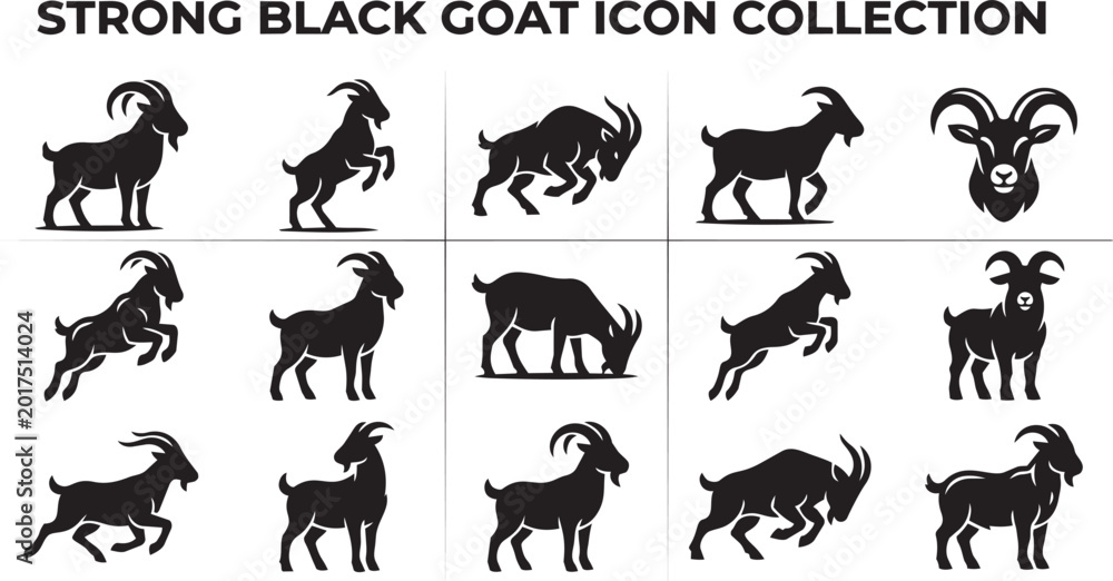 Fototapeta premium Strong black goat icon collection for farm branding and design.