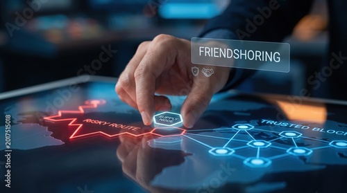 Geoeconomic fragmentation - A hand moves a supply chain node from a risky route to a safer bloc on a digital interface labeled Friendshoring.