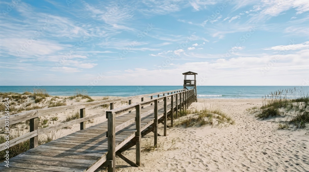 Fototapeta premium Scenic Beach with Wooden Pier and Lifeguard Tower