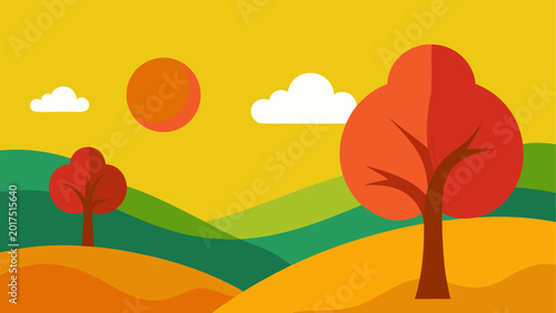 Obraz na plátně Bright autumn tree on colorful hill landscape