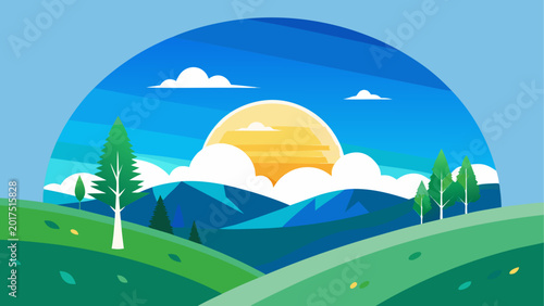 Bild auf Leinwand Scenic landscape with sunset and green hills