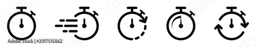 Stopwatch timer icon set vector illustration – countdown, fast time, refresh, speed and alarm clock outline symbols collection.