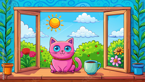 Fotografija Cute cartoon purple elephant sitting by a window