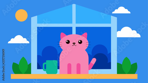 Pink cat sitting under a colorful shelter