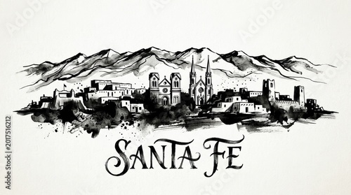 Santa Fe skyline silhouette featuring adobe architecture, church towers, and desert mountain outlines, artistic black and white ink illustration, elegant typography below reading 