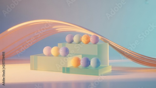 Colorful spheres and blocks with a flowing ribbon in pastel background