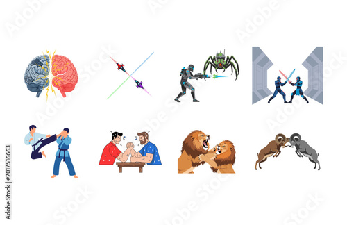 Tableau sur toile Dynamic Vector Icons Depicting Diverse Forms of Conflict, Competition, and Confr