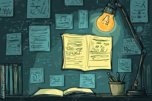 Sketchnote illustration of complex ideas on desk with lamp