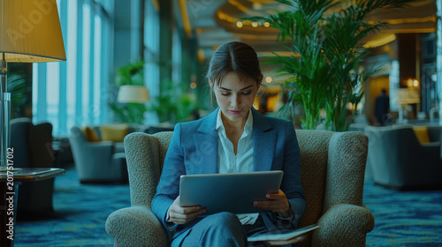 Young businesswoman working on laptop while sitting comfortably in a modern airport lounge.