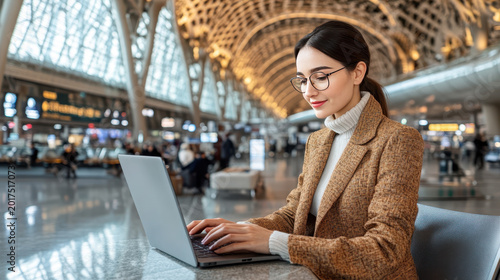 Young businesswoman working on laptop while sitting comfortably in a modern airport lounge.