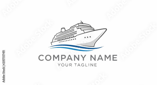 Obraz na płótnie Minimalist cruise ship logo design on blue waves, graphic vector illustration
