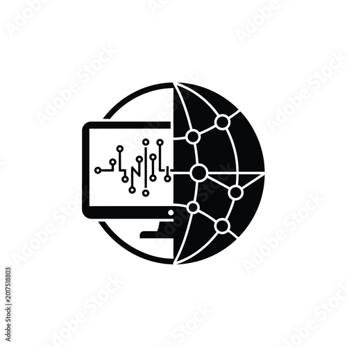Global Data Network and Digital Technology Icon Featuring a Computer Monitor and Connected Globe Map for Software and Internet Concepts