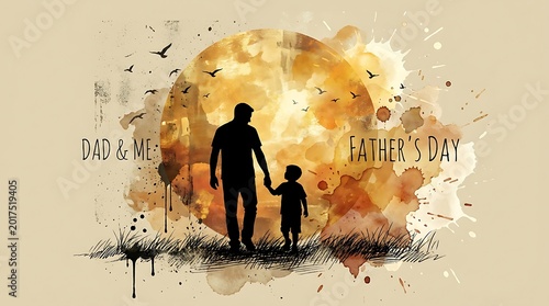 Dad and Child Silhouette Watercolor Art Fathers Day Illustration