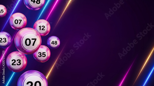 lottery balls gambling casino jackpot winning numbers luck betting game purple numbered balls along diagonal neon light trails on dark background for jackpot banner raffle campaign and betting ad