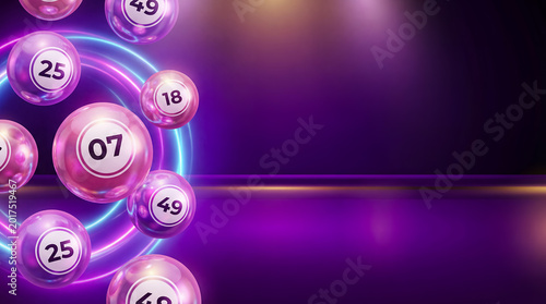 lottery balls gambling casino jackpot winning numbers luck betting game neon purple and pink numbered balls with glowing trails on dark luxury background for prize draw banner and casino promotion