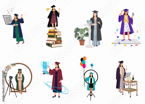 Foto Illustrations of modern graduation scenes featuring online ceremonies, digital learning technology, home celebrations, and students in academic regalia achieving their educational milestones