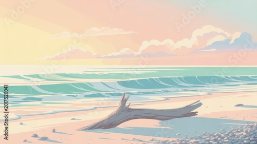 Driftwood on a sandy beach with ocean waves and city skyline in the background