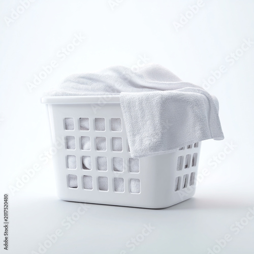 A minimalist laundry basket sits isolated on a crisp white background. This photorealistic 3D render features clean studio lighting, highlighting its sleek texture and modern functional design.