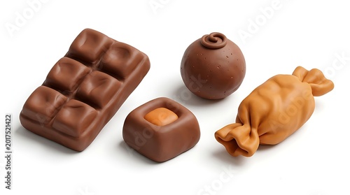 Assortment of Delicious Chocolate Candies and Bar on White Background.