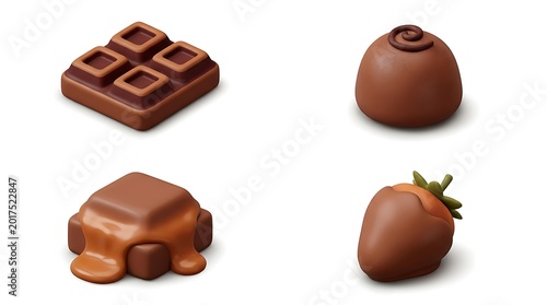 Four different types of chocolate confections arranged on a white background.