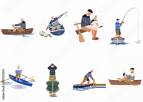 Fotografija Set of Illustrations of an Elderly Man Engaging in Boating Activities like Rowin