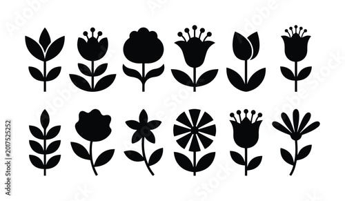 Tableau sur toile Minimalist black flower icons set, 12 floral silhouettes vector collection, simp