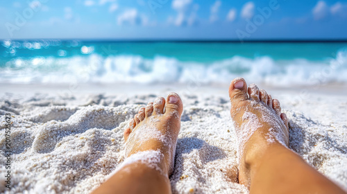 Close-up of bare feet in white sand with foamy ocean waves washing over them at golden sunset.