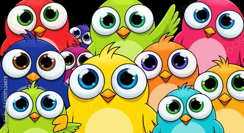 Принти на полотні Cute cartoon birds with big eyes, colorful bird characters in vibrant red blue yellow and green