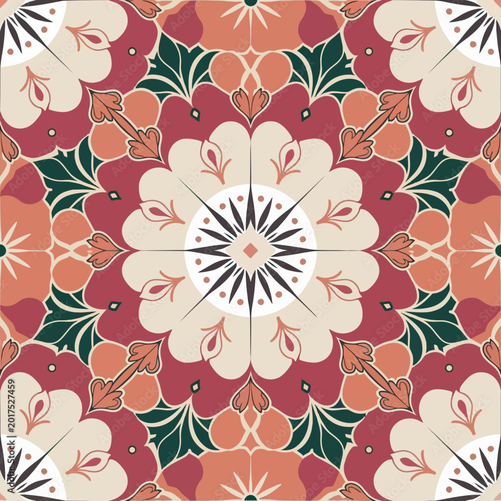 Fototapeta premium vector illustration hires Collection of High-Resolution Abstract Seamless ornament Patterns with Diverse Designs and Textures Mediterranean Tile Pattern with Colorful Floral Mandalas and Geometric
