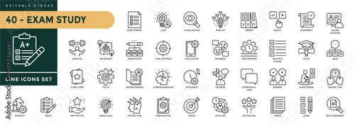Cuadro en lienzo A collection of Exam Study icons set with editable stroke, including goals, review, note, preparation, revision, focus, Learning, concentration, education, schedule
